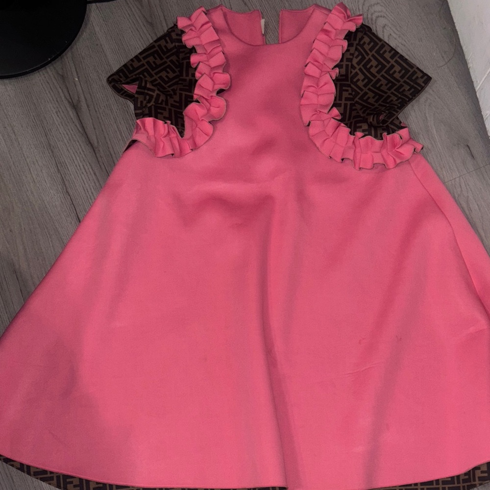 Fendi Pink and Brown Ruffle Kids Dress